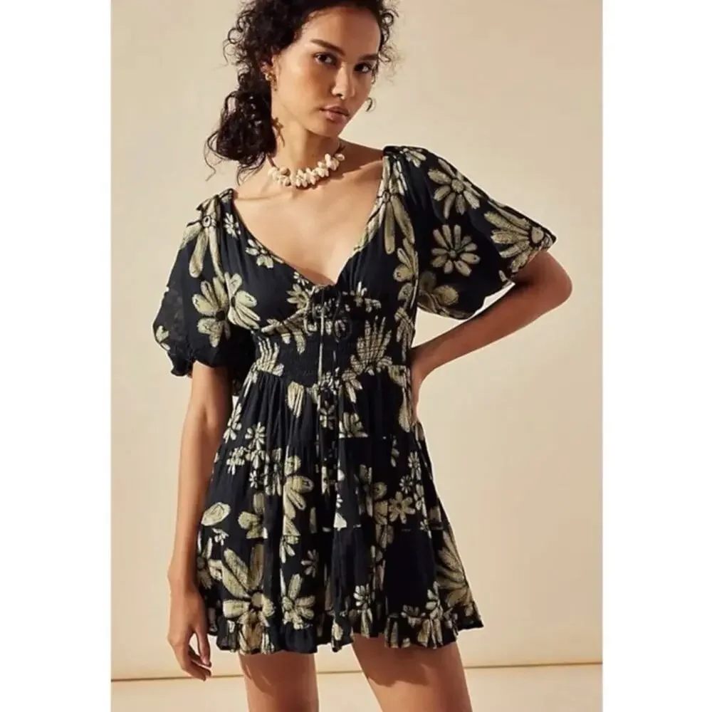 Free People Bohemian Floral Flutter Sleeve Perfect Day Printed Mini Dress Medium - Picture 3 of 16